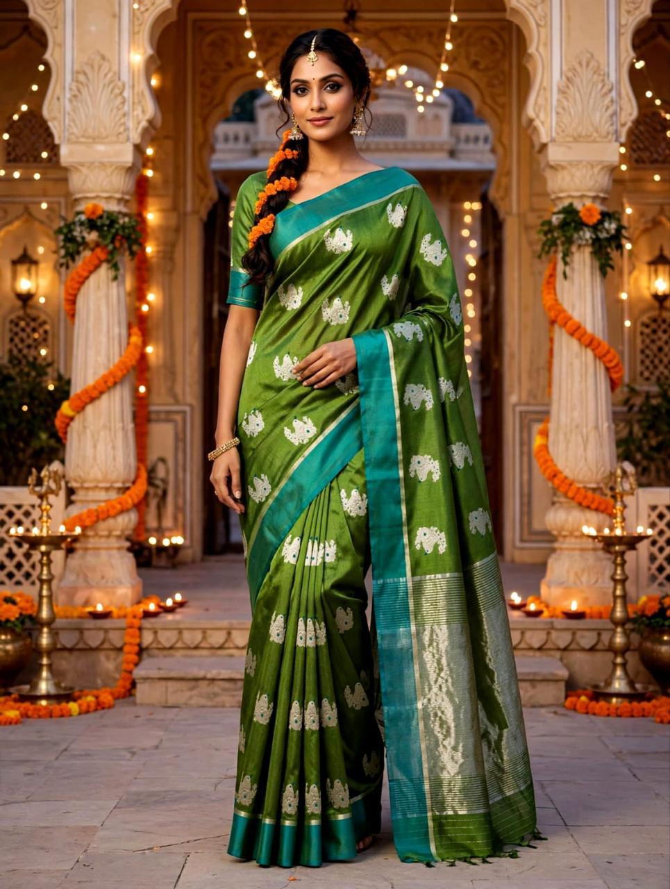 Chanderi Handloom Pattu Silk Saree – Meenakari Butta, Resham Border & Zari Striped Pallu