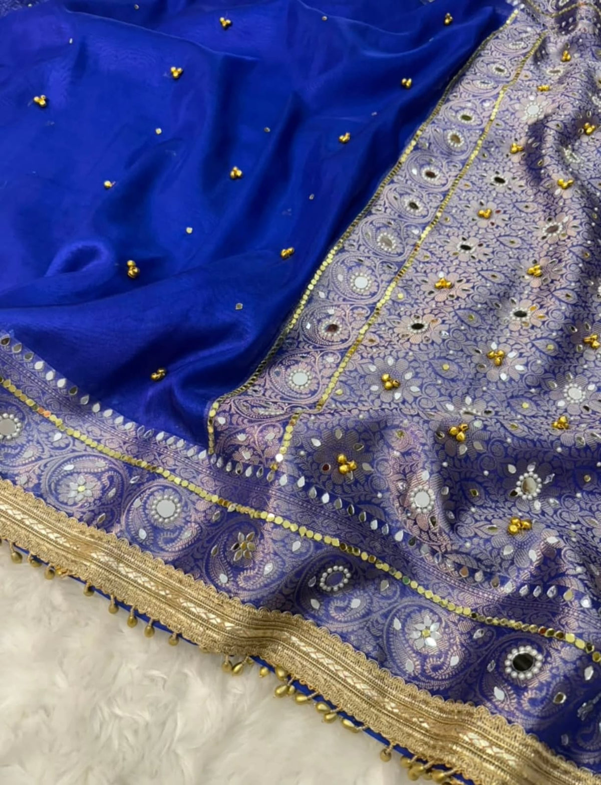 Premium Banarasi Tissue Silk Saree – Exquisite Mirror, Stone & Ghungroo Embellishments