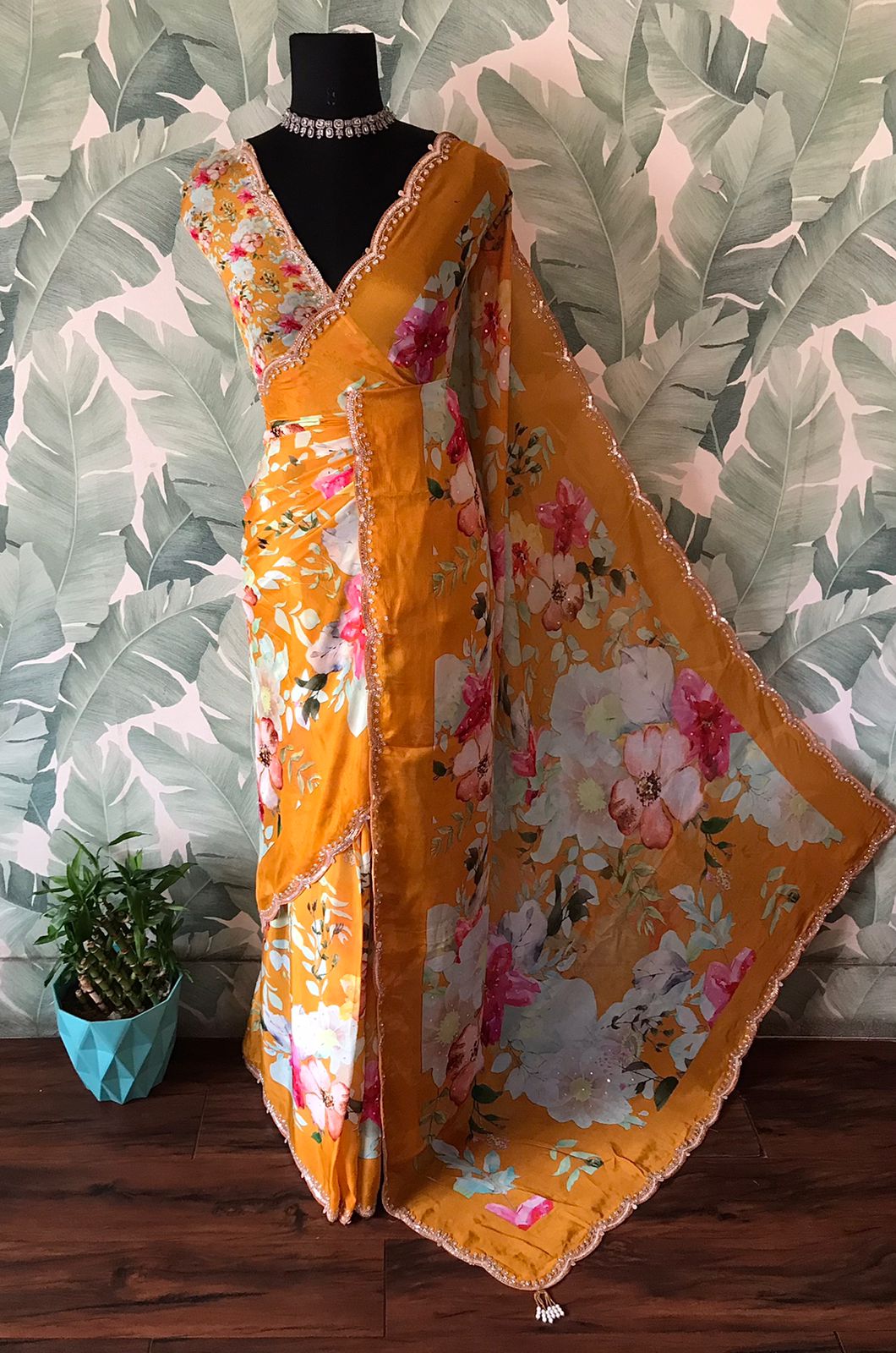 Premium Pure Chinnon Silk Floral Handwork Saree