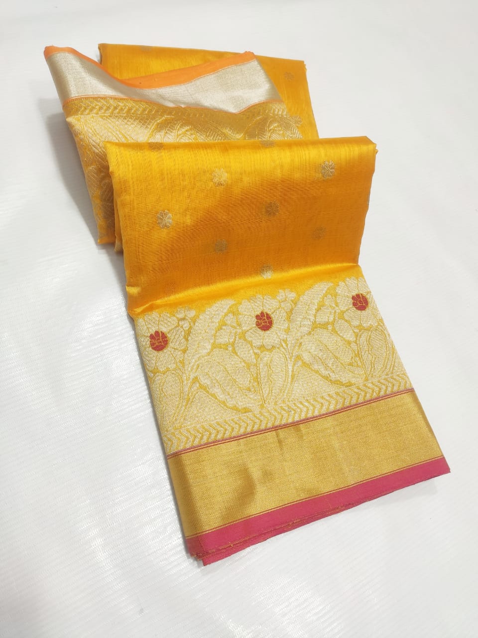 Chanderi Handloom Pattu Silk Saree – Ghani Butta, Meenakari Border & Taraz Pallu