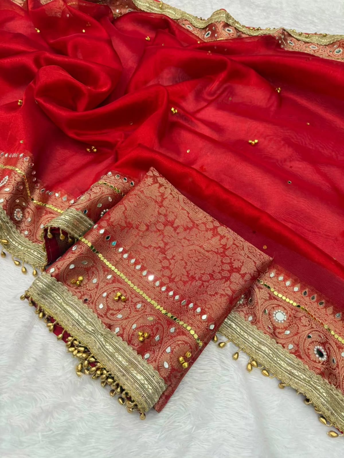 Premium Banarasi Tissue Silk Saree – Exquisite Mirror, Stone & Ghungroo Embellishments