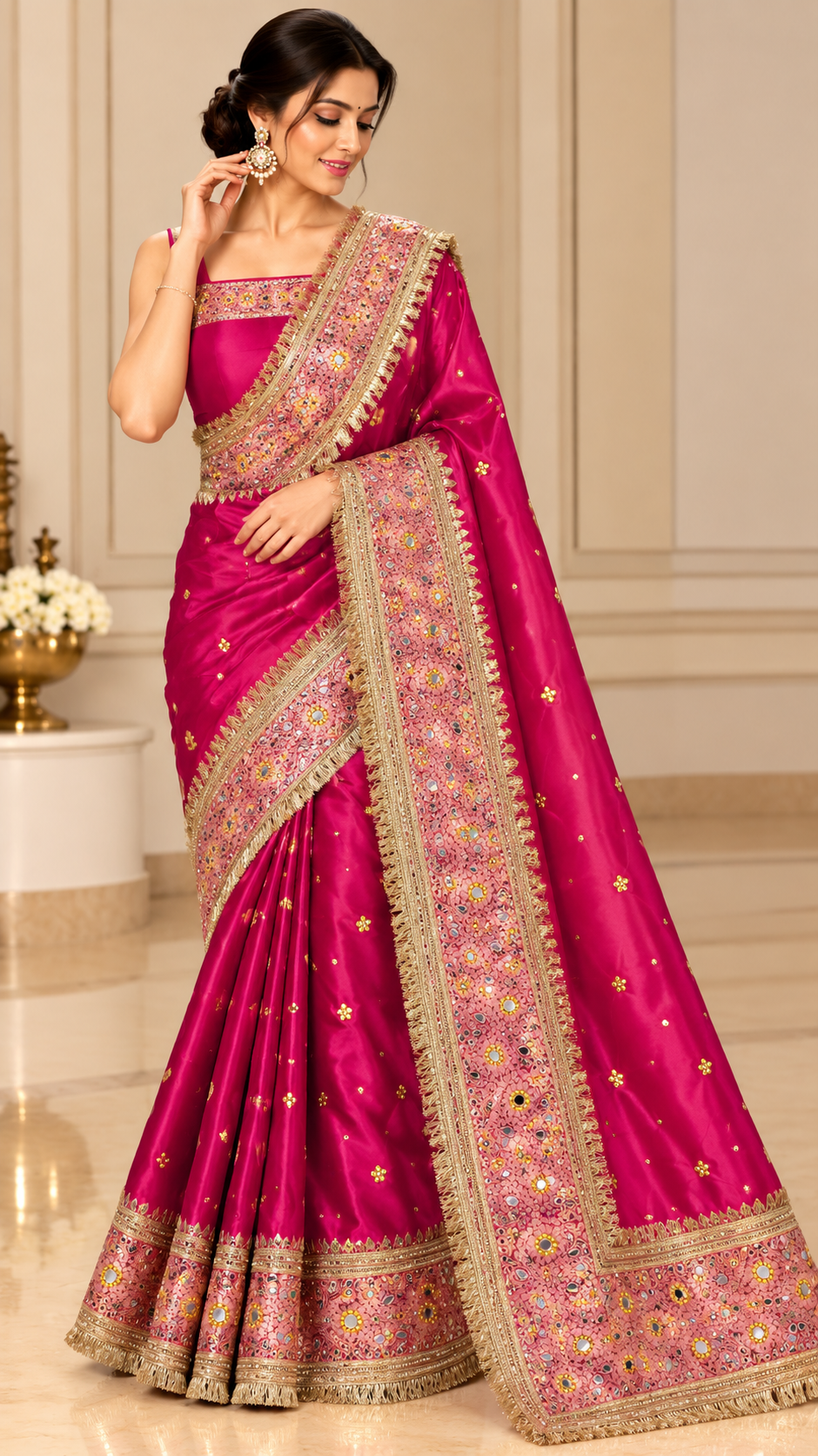Pink Banarasi Tissue Silk Saree with Mirror, Stone & Ghungroo Work – Elegant Party Wear