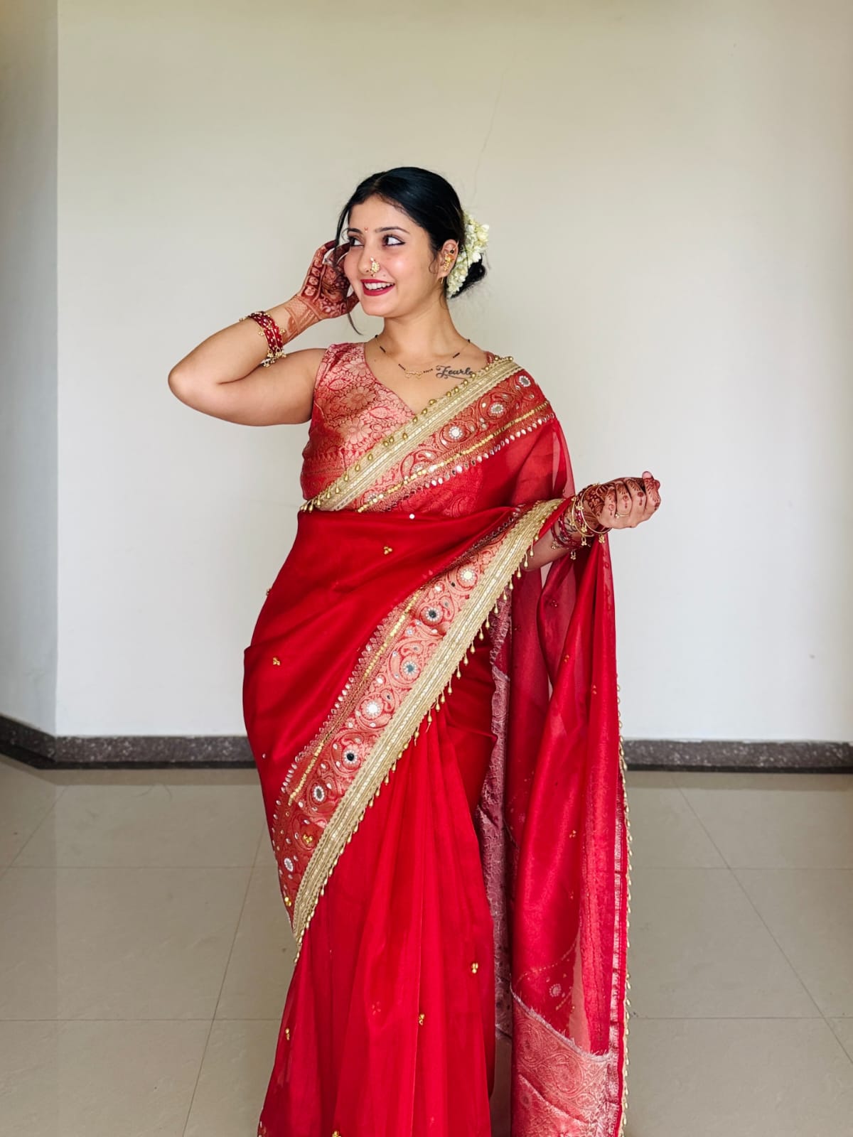 Premium Banarasi Tissue Silk Saree – Exquisite Mirror, Stone & Ghungroo Embellishments