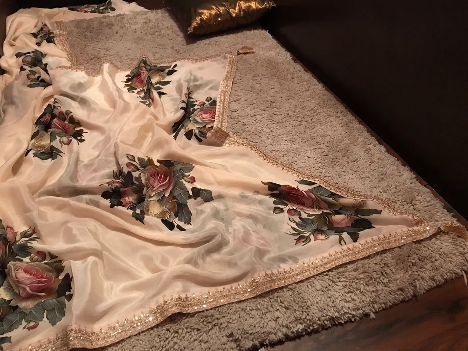 Sabyasachi Inspired Off White Pure Chinnon Silk Saree