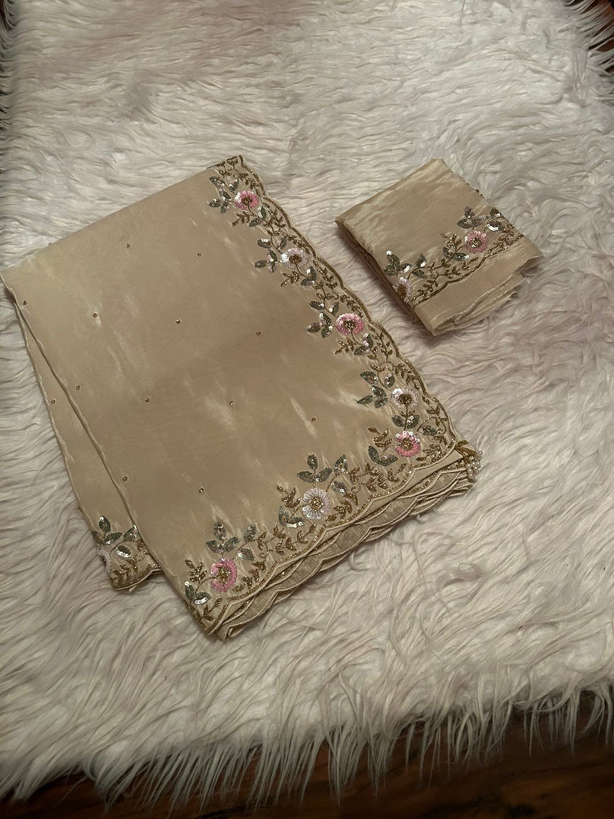 Rich Gold Premium Pure Shimmer Organza Tissue Silk Saree with Pearl Sequins Handwork