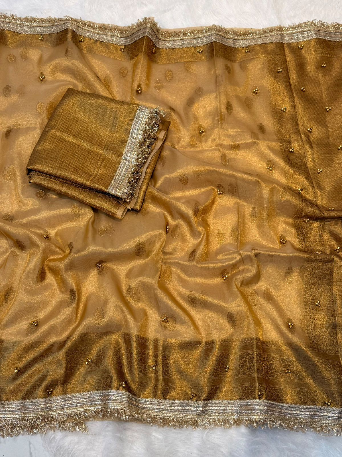 Trending Banarasi Copper Tissue Silk Saree with Ghungroo Work