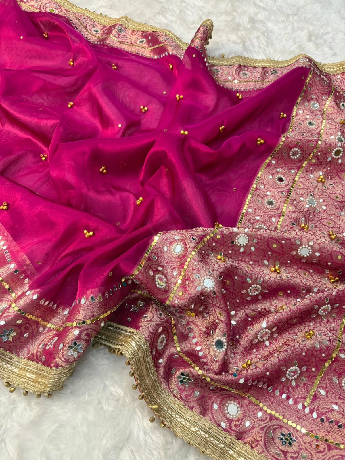 Premium Banarasi Tissue Silk Saree – Exquisite Mirror, Stone & Ghungroo Embellishments