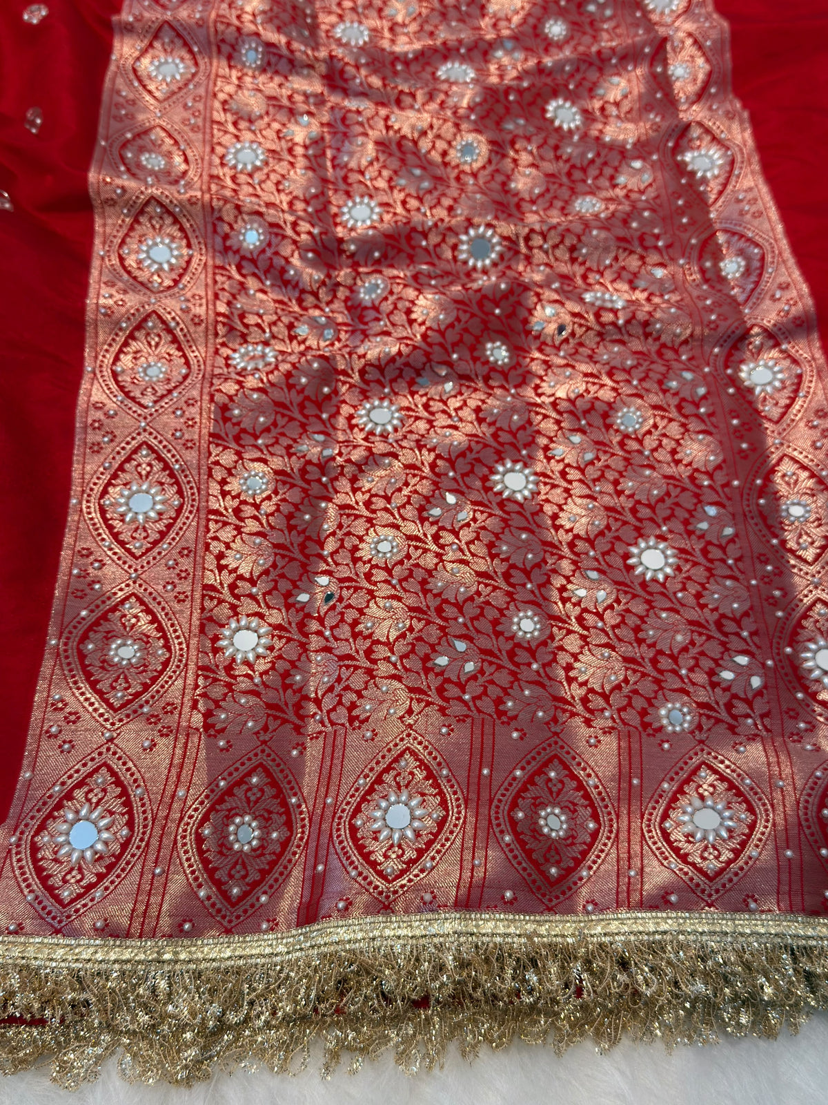 Elegant Soft Chiniya Katan Silk Saree with Mirror & Stone Work