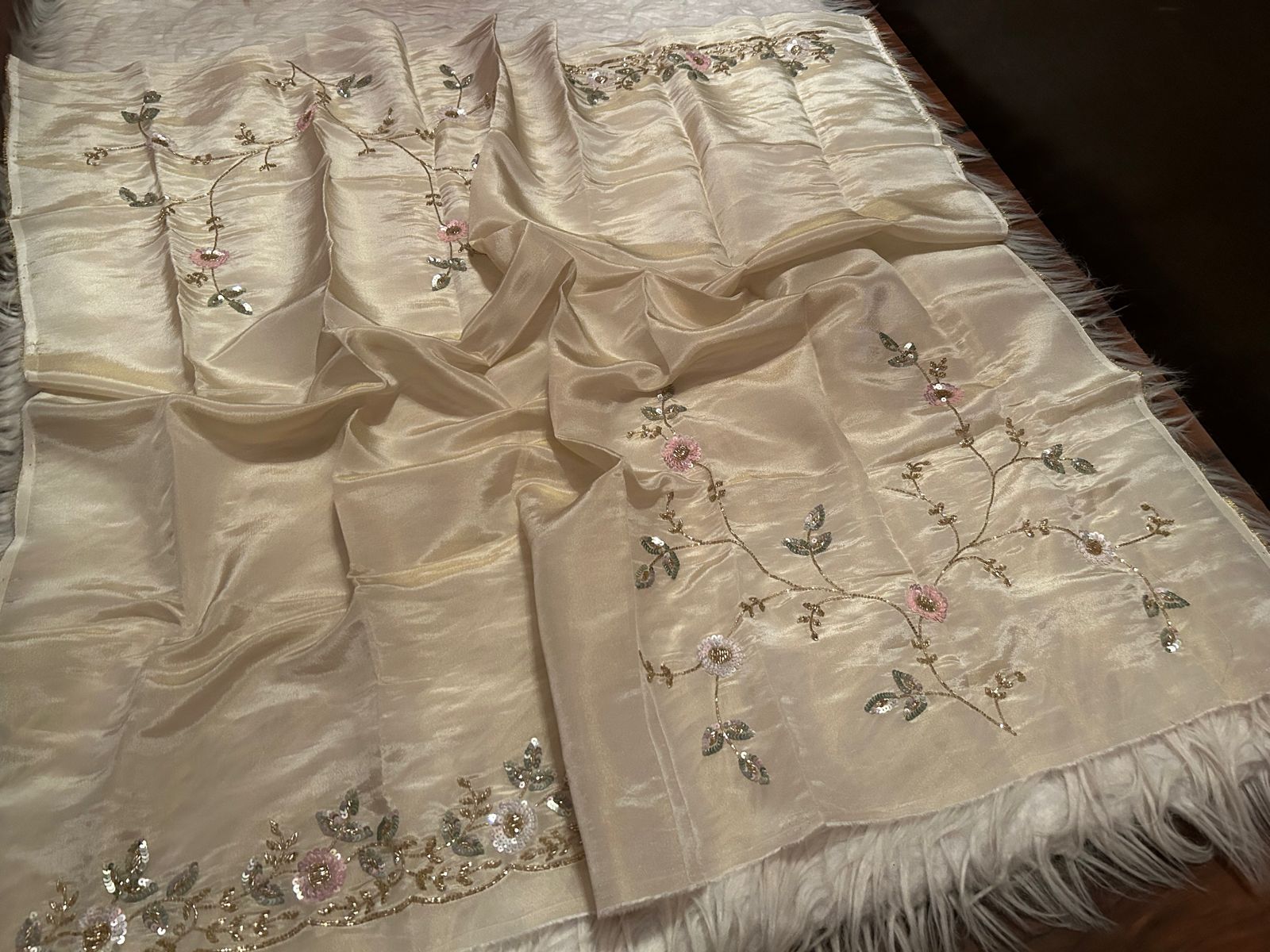 Rich Gold Premium Pure Shimmer Organza Tissue Silk Saree with Pearl Sequins Handwork