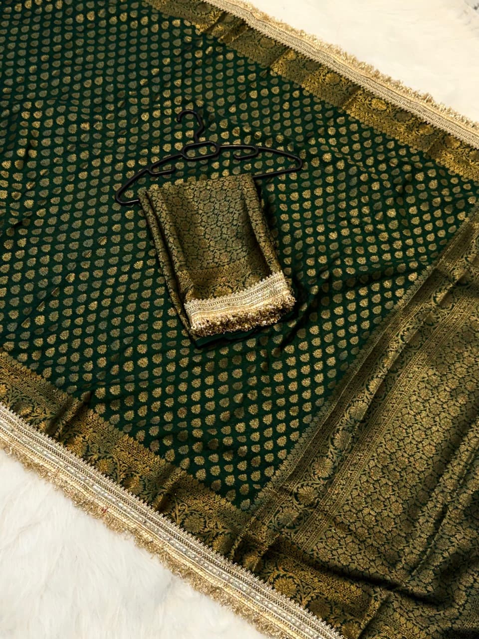 Regal Banarasi Soft Warm Silk Saree with Elegant Booti Work & Lace Detailing