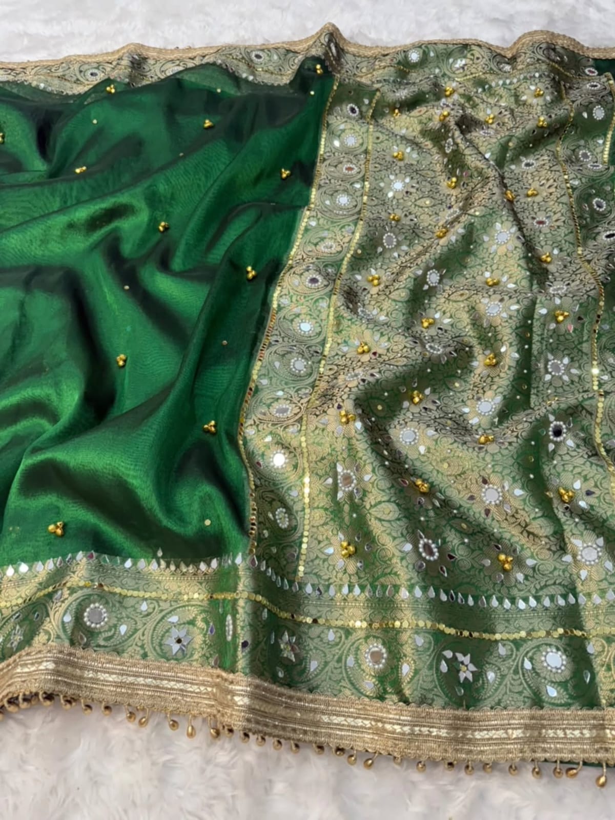 Premium Banarasi Tissue Silk Saree – Exquisite Mirror, Stone & Ghungroo Embellishments
