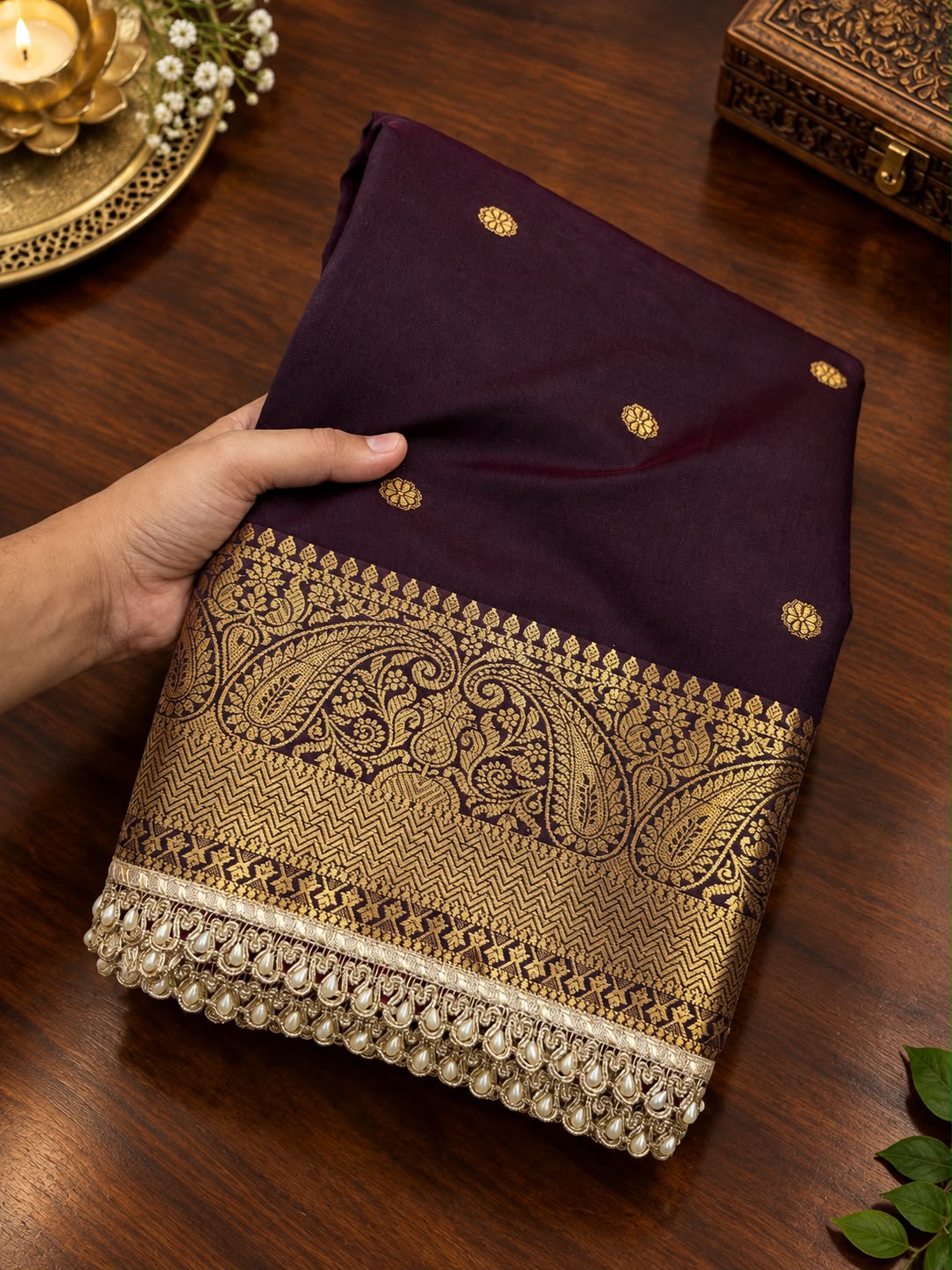Elegant Banarasi Semi Katan Silk Saree with Pearl Lace