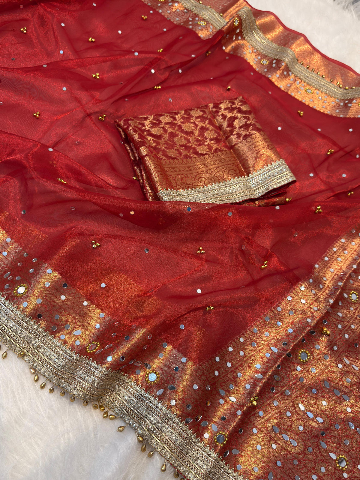 Premium Banarasi Tissue Silk Saree with Mirror, Stone & Ghungroo Work – Elegant Party Wear