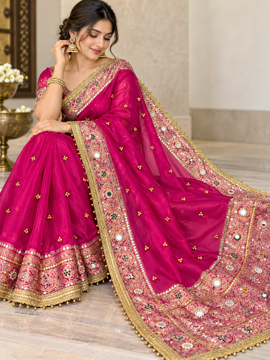 Premium Banarasi Tissue Silk Saree – Exquisite Mirror, Stone & Ghungroo Embellishments