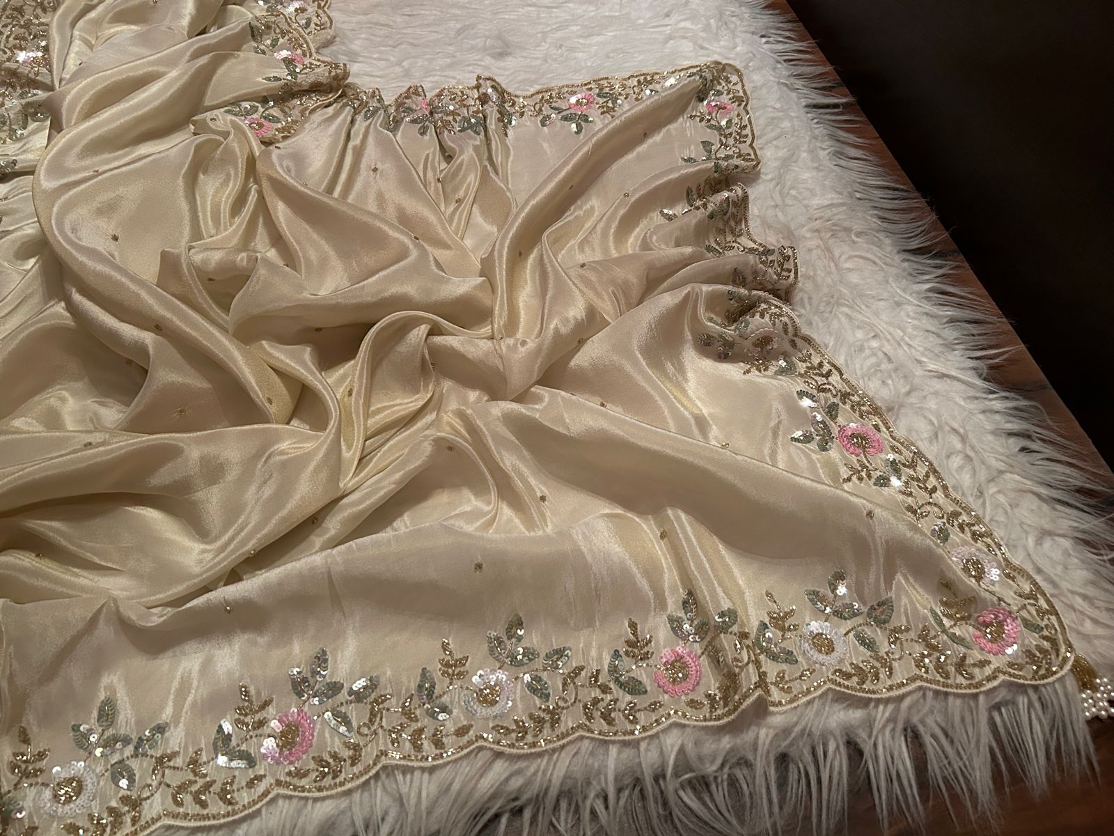 Rich Gold Premium Pure Shimmer Organza Tissue Silk Saree with Pearl Sequins Handwork