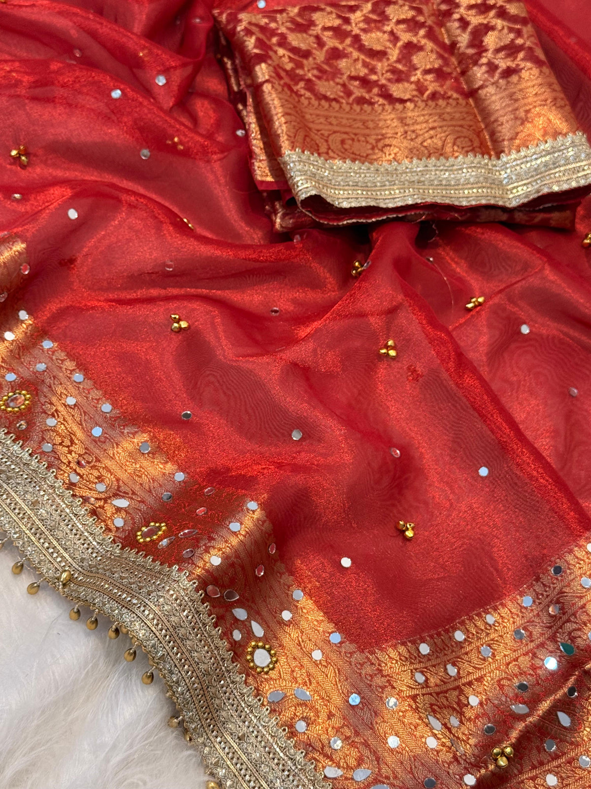 Premium Banarasi Tissue Silk Saree with Mirror, Stone & Ghungroo Work – Elegant Party Wear