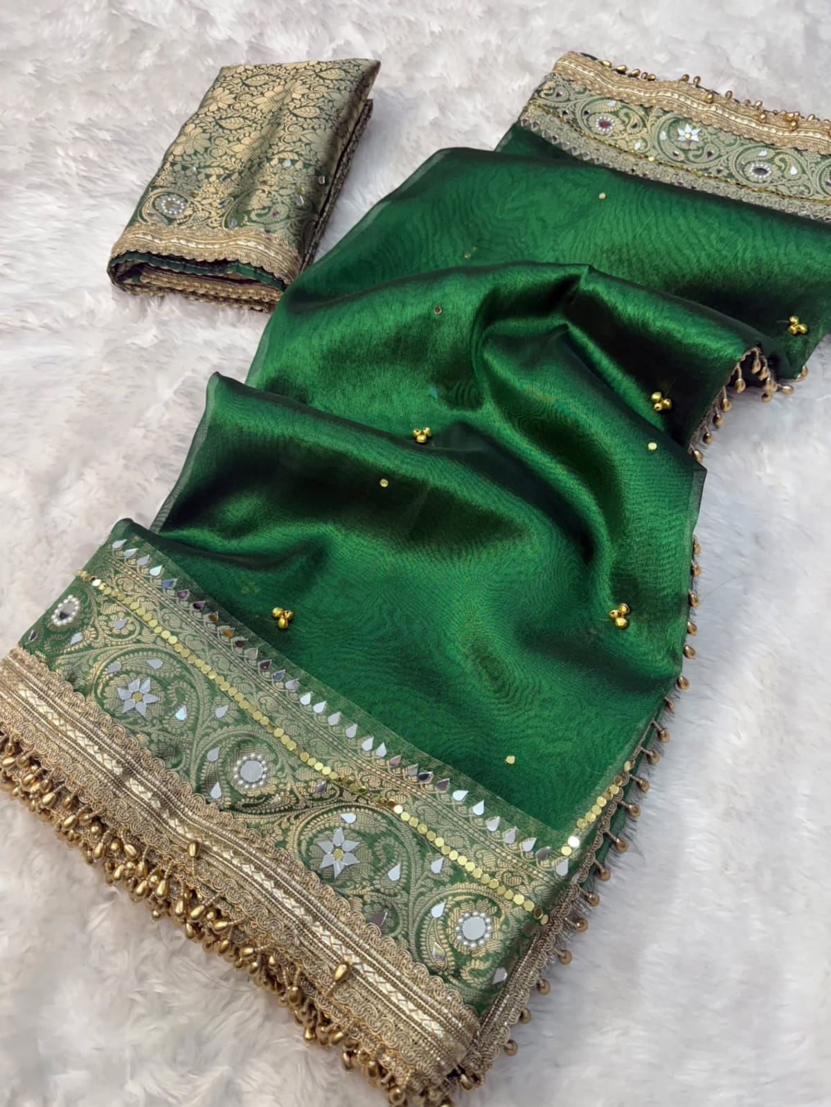 Premium Banarasi Tissue Silk Saree – Exquisite Mirror, Stone & Ghungroo Embellishments