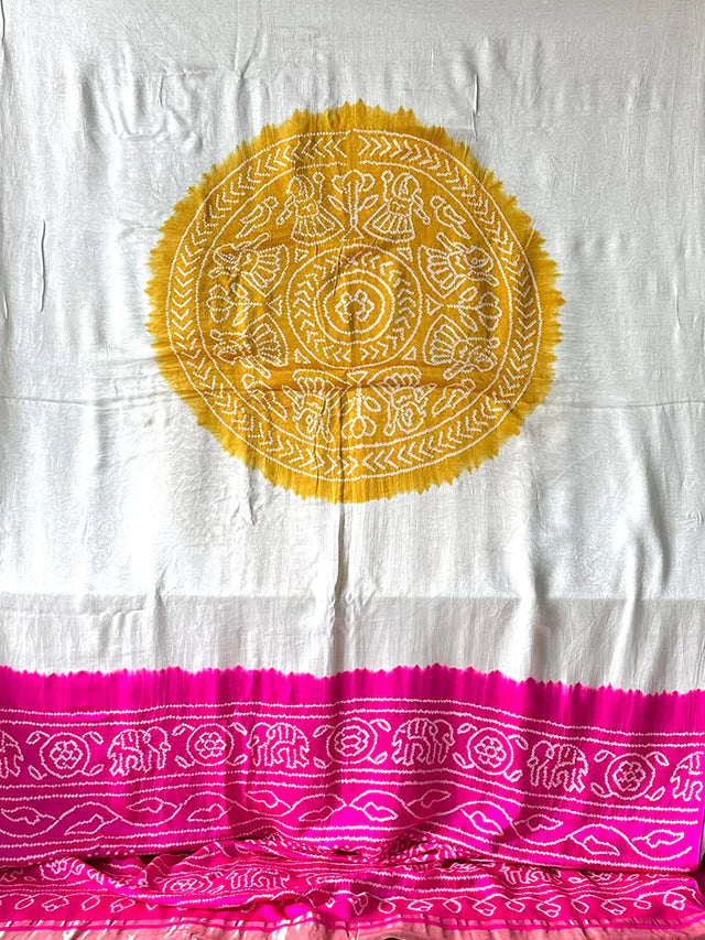 Ivory Grace – Pure Gajji Silk Traditional Bandhej