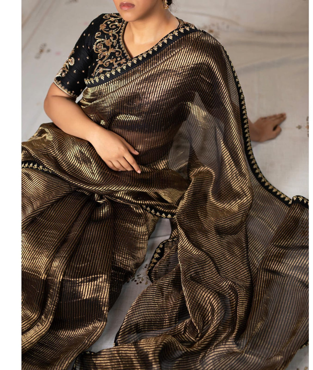 Celebrity-Inspired Banarasi Tissue Silk Saree with Elegant Zari Stripes