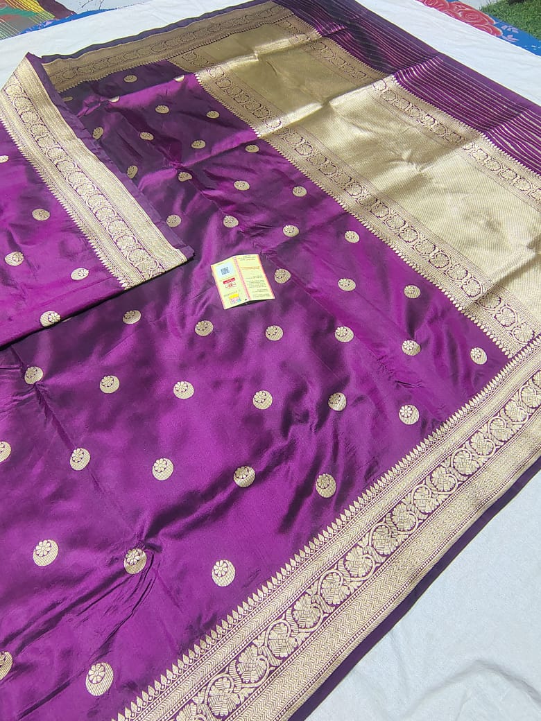 Royal Purple Pure Katan Silk Banarasi Zari Butti Woven Saree with Rich Gold Pallu