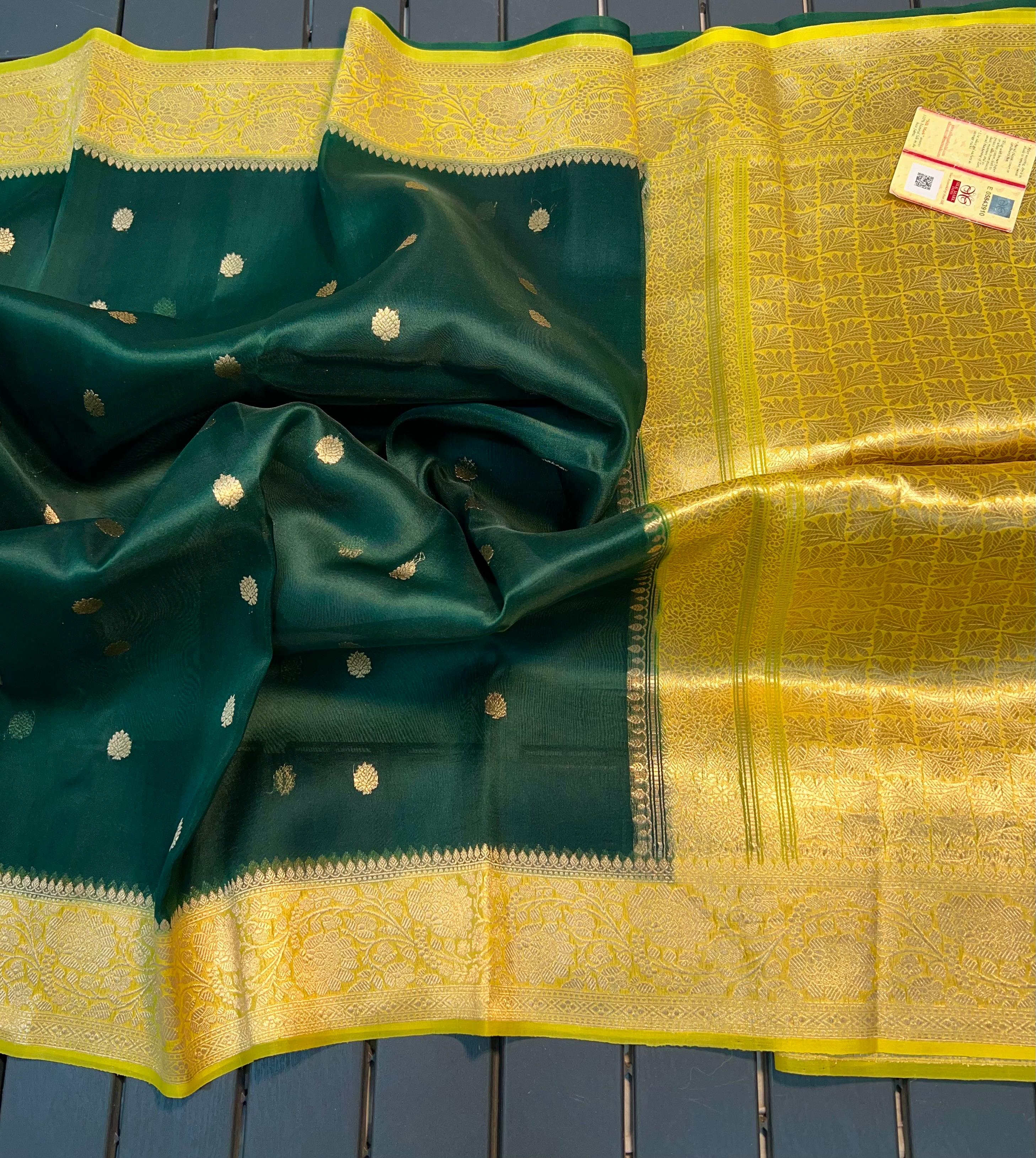 Beautiful Banaras Handloom Pure Kora Silk Kadhuwa Woven Sarees