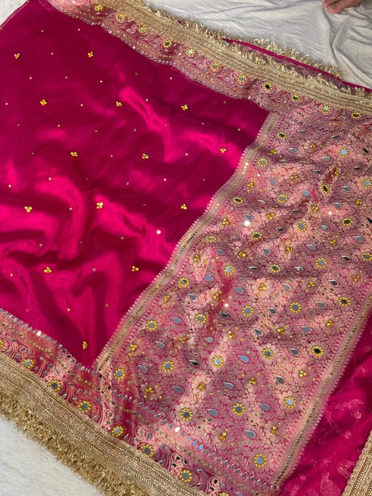 Pink Banarasi Tissue Silk Saree with Mirror, Stone & Ghungroo Work – Elegant Party Wear
