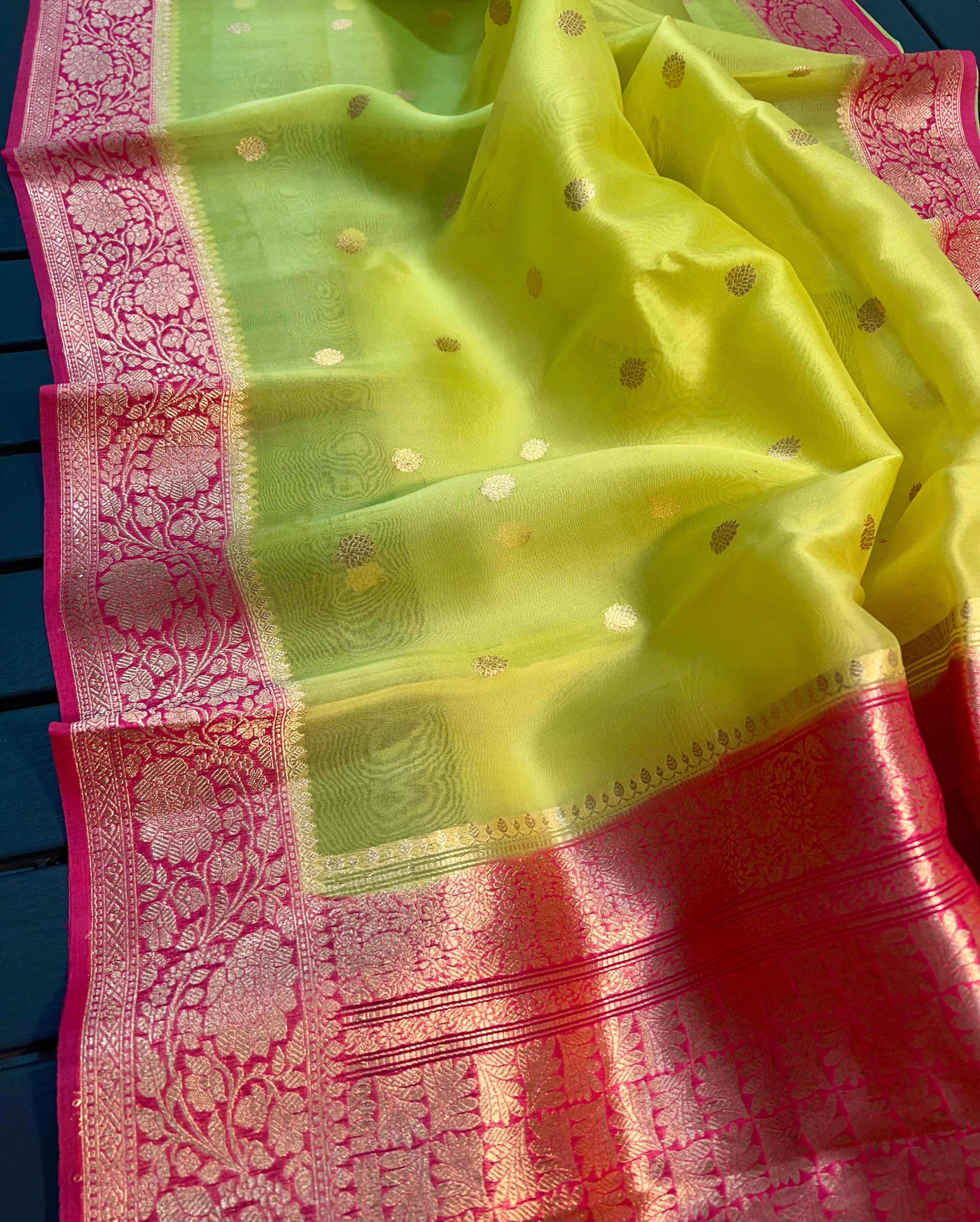 Beautiful Banaras Handloom Pure Kora Silk Kadhuwa Woven Sarees