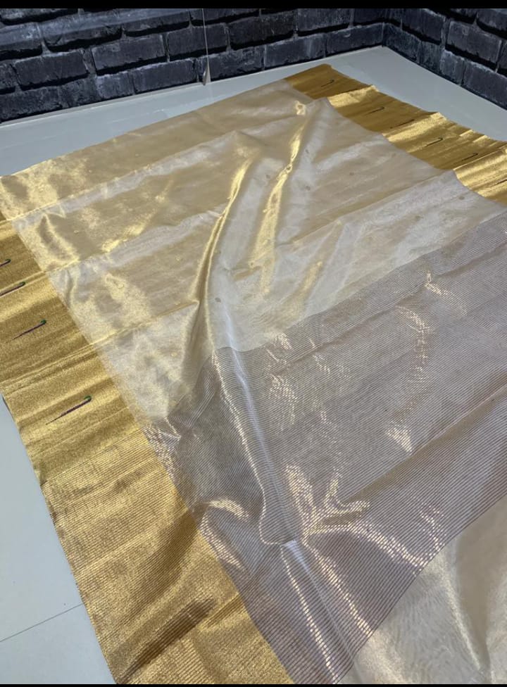 Handloom Chanderi Tissue Silk Saree with Zari Weaving & Muniya Border