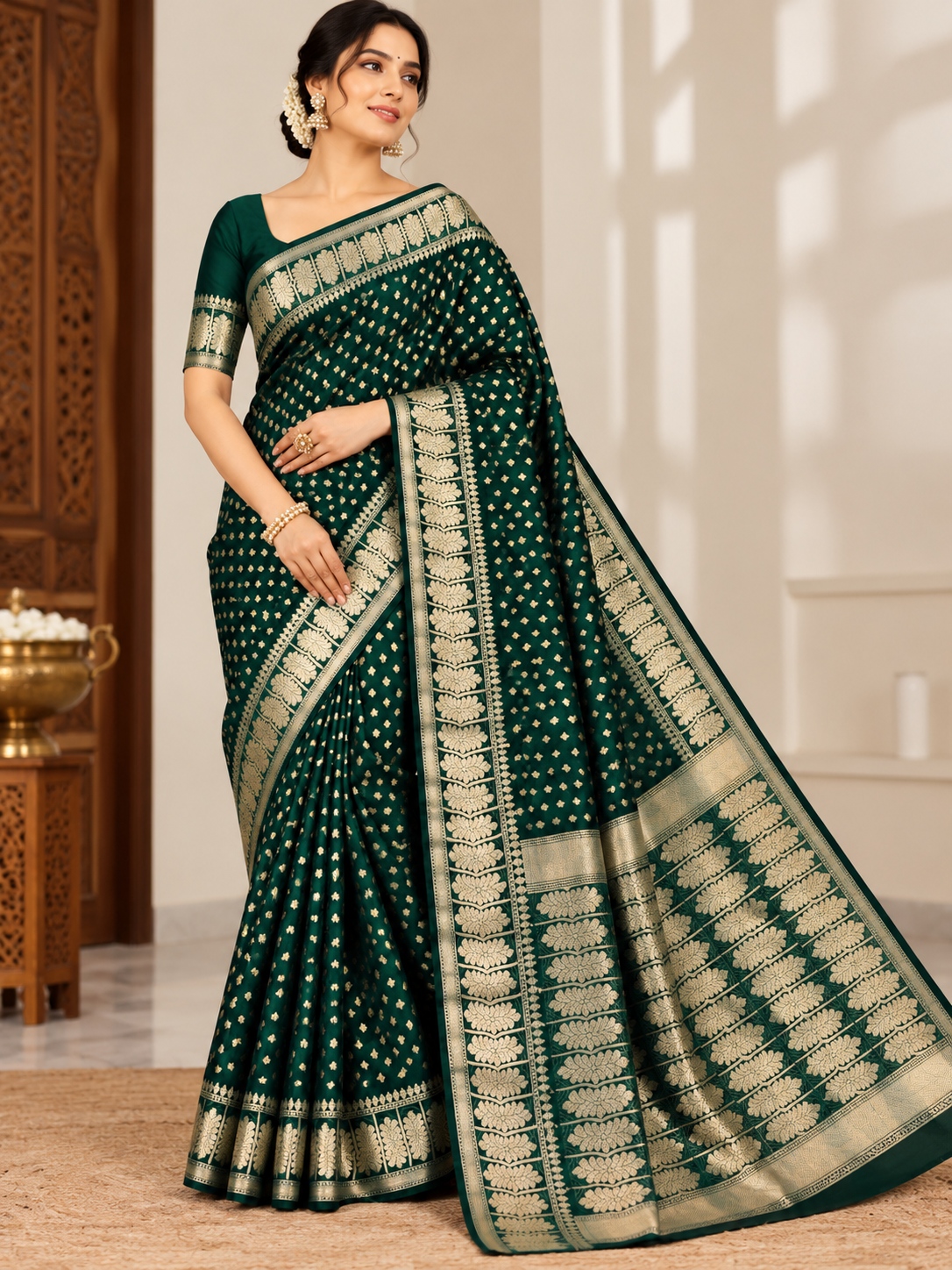 Banarasi Chiniya Katan Silk Saree – Timeless Elegance with Exquisite Booti Weaving