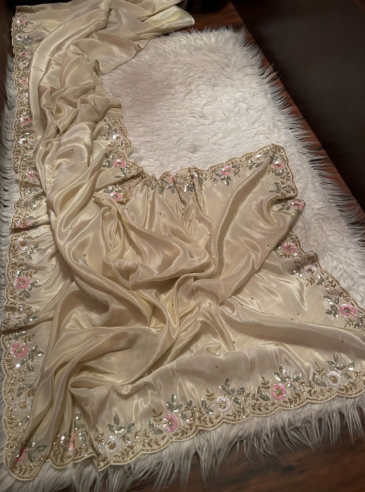 Rich Gold Premium Pure Shimmer Organza Tissue Silk Saree with Pearl Sequins Handwork