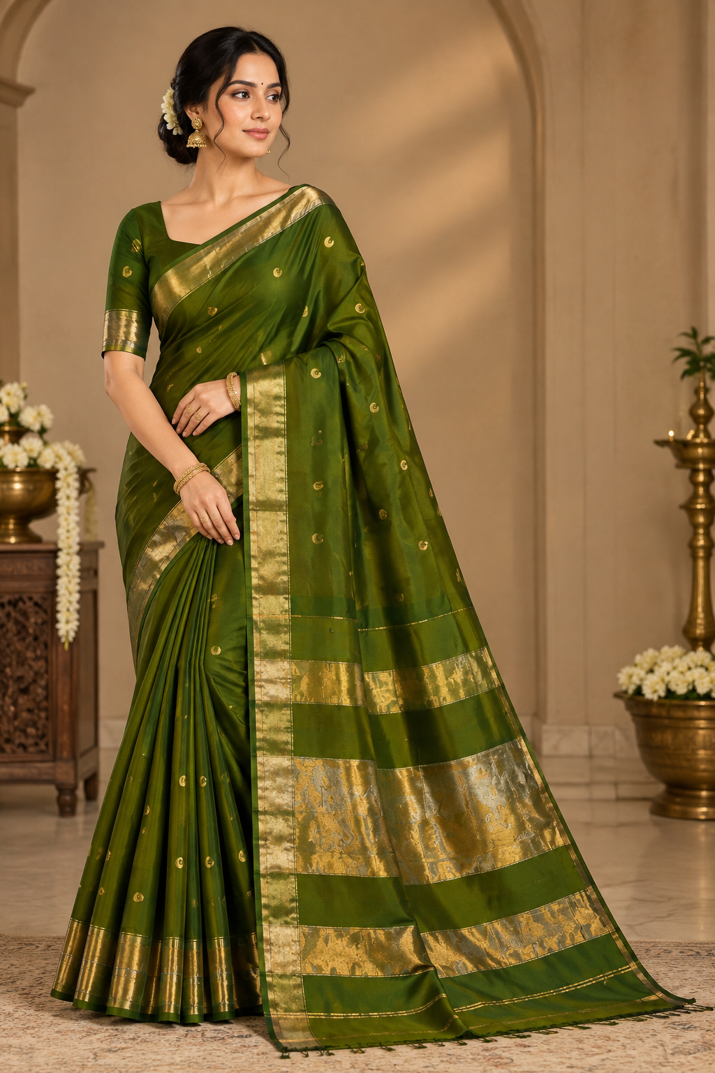 Maheshwari Handloom Silk Cotton Saree with Golden Zari Border