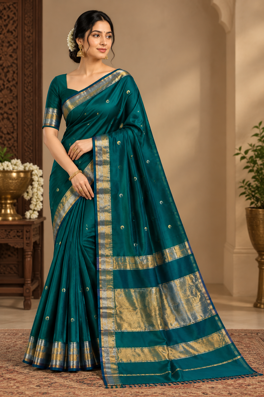 Maheshwari Handloom Silk Cotton Saree with Golden Zari Border