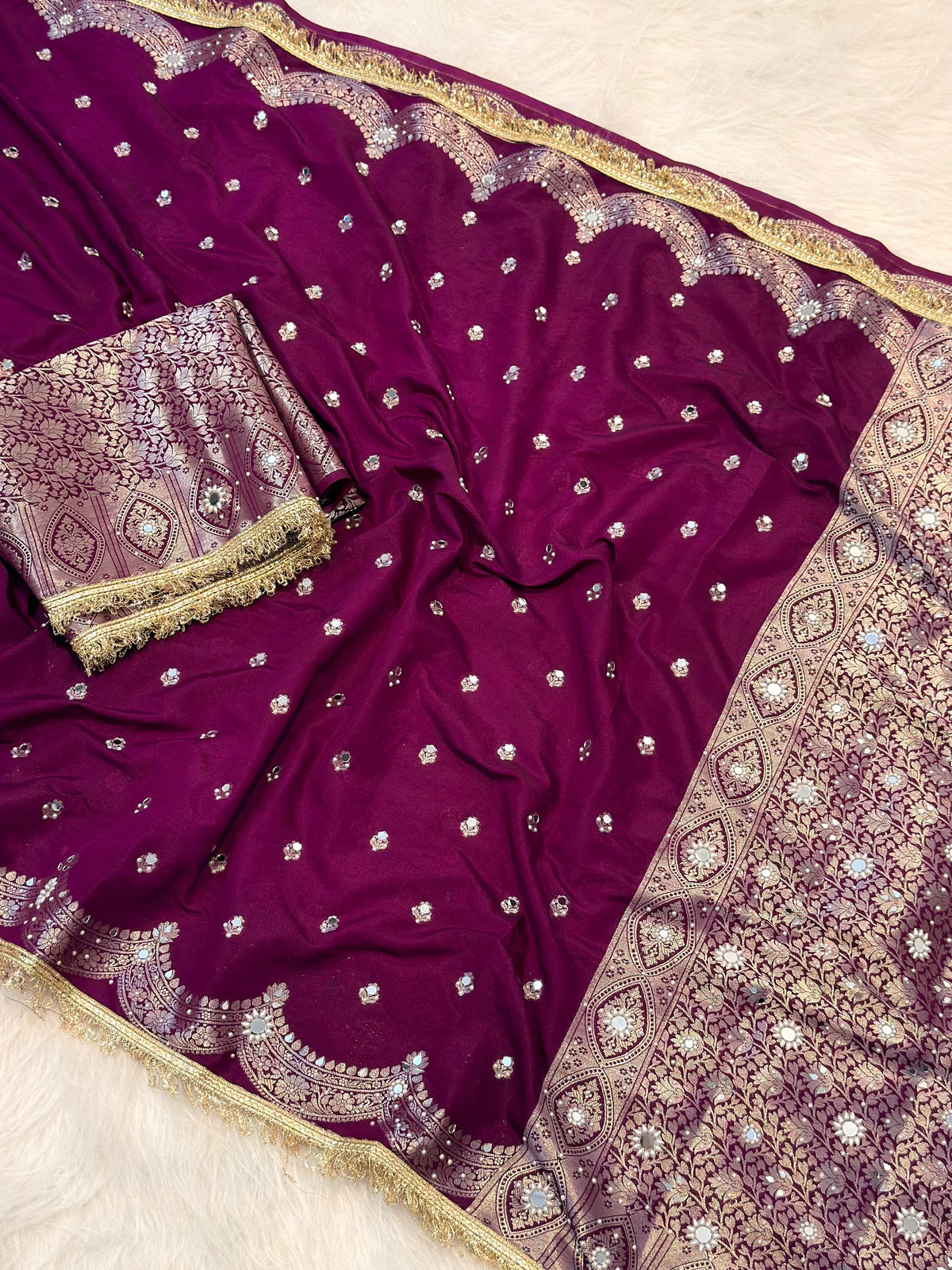 Elegant Soft Chiniya Katan Silk Saree with Mirror & Stone Work