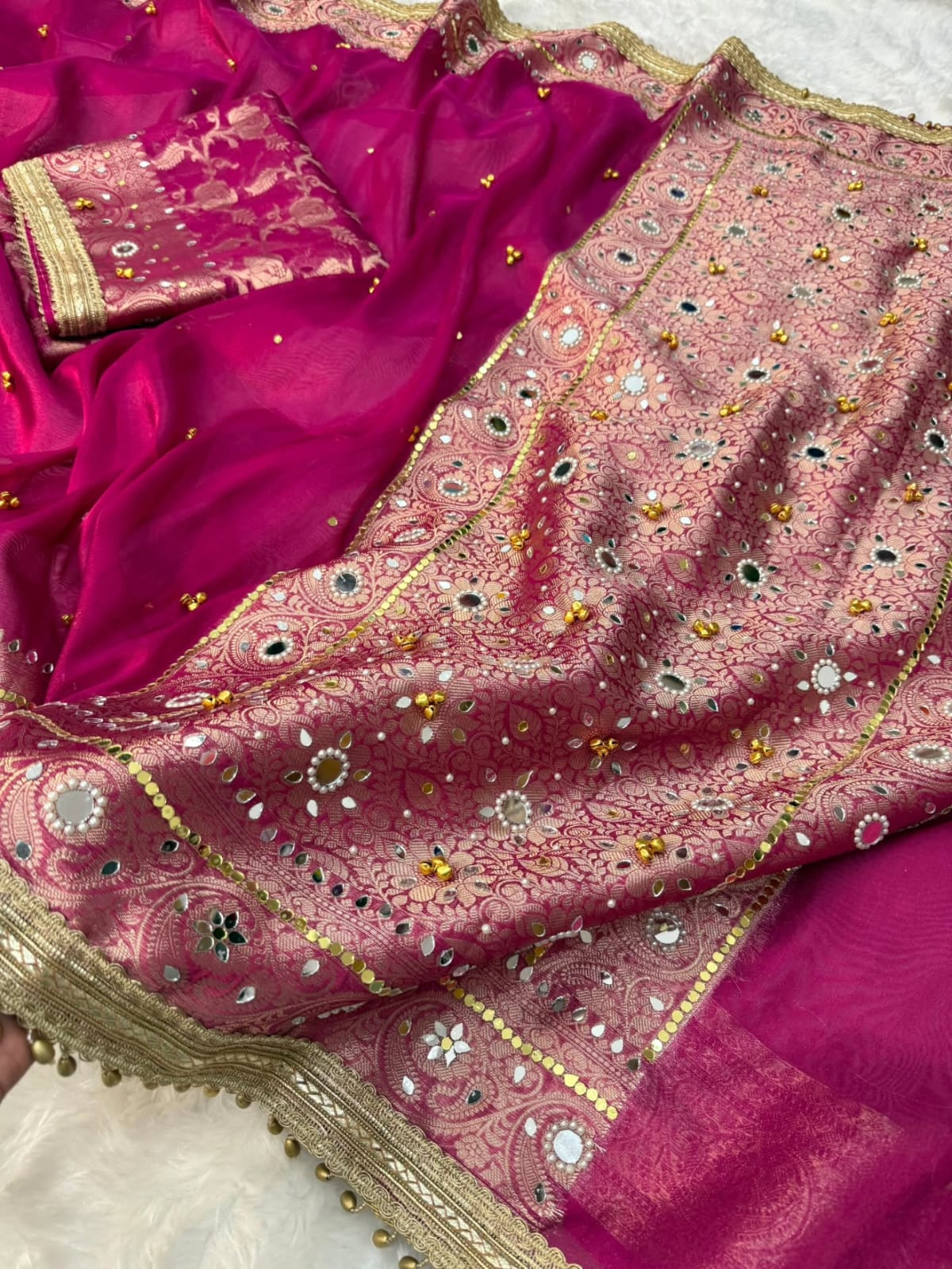 Premium Banarasi Tissue Silk Saree – Exquisite Mirror, Stone & Ghungroo Embellishments