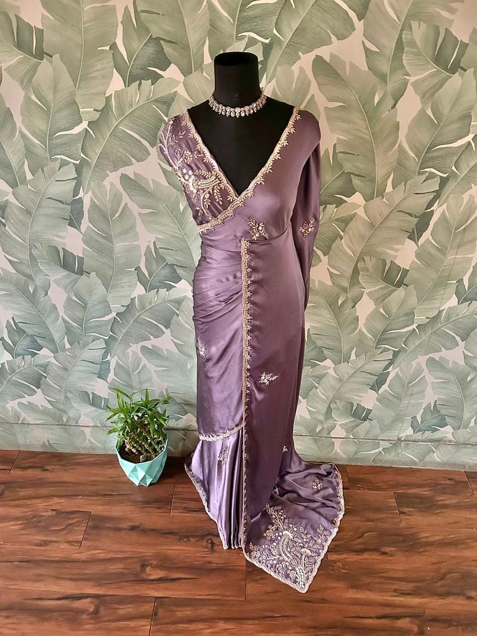 Premium Satin Silk Saree with Sequins & Stone Cut-Daana Handwork