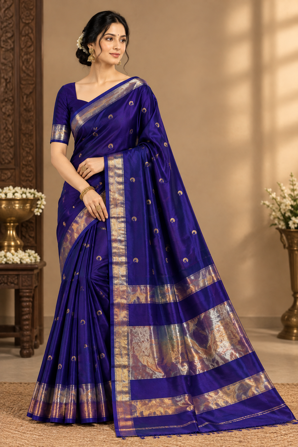 Maheshwari Handloom Silk Cotton Saree with Golden Zari Border