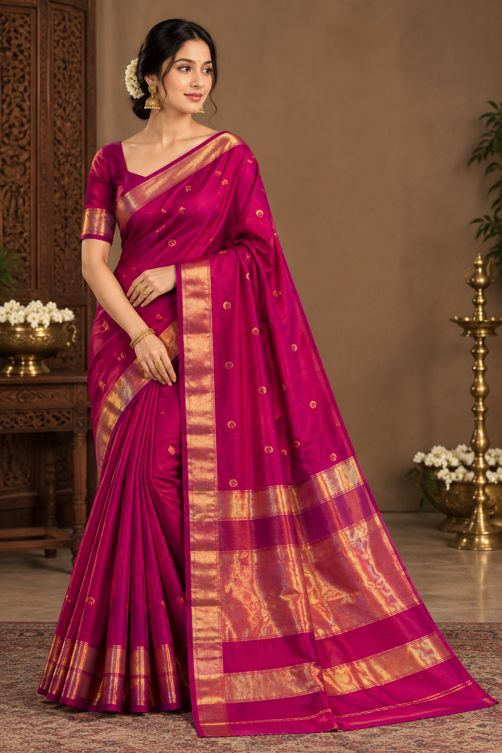 Maheshwari Handloom Silk Cotton Saree with Golden Zari Border