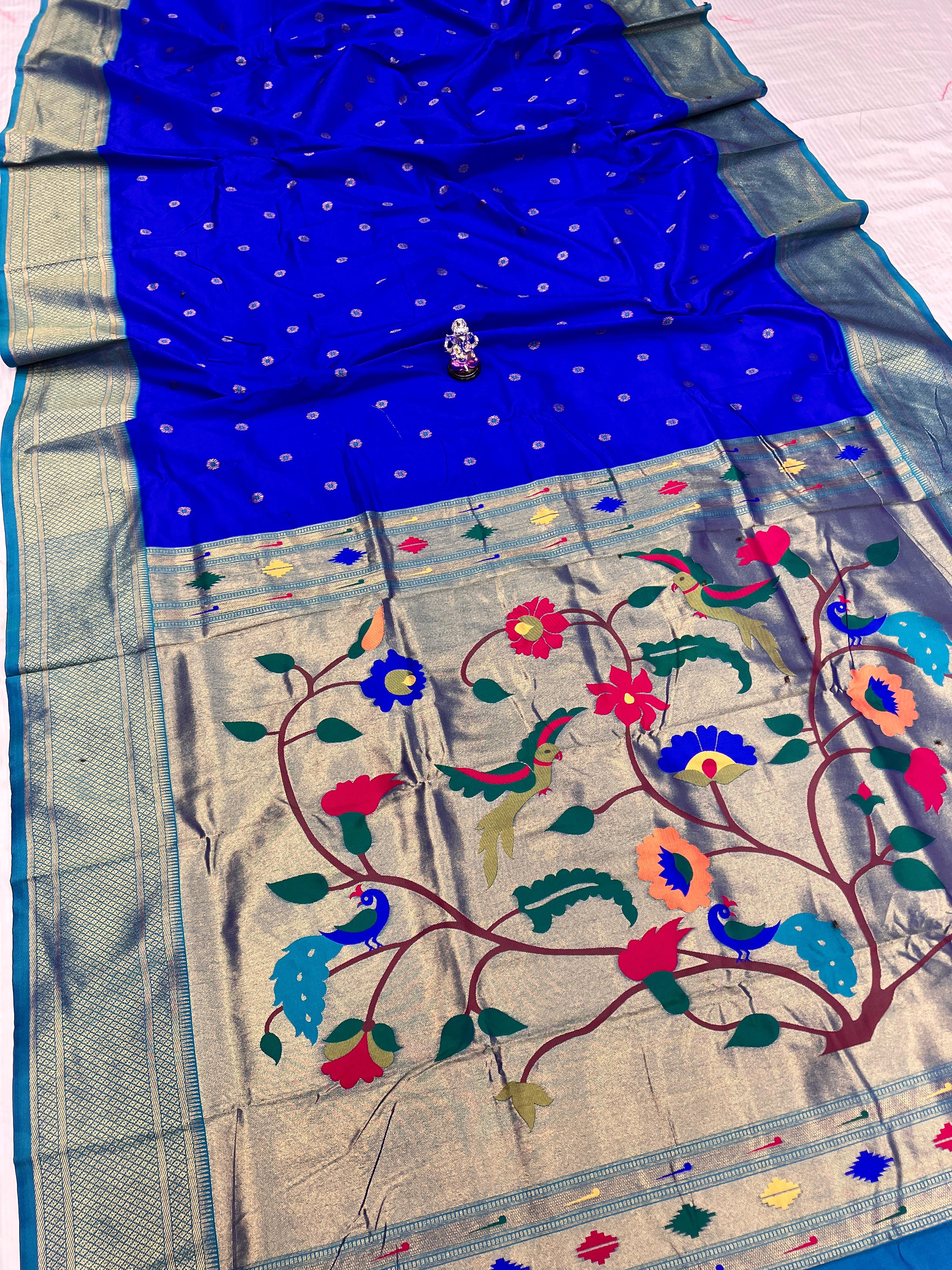 Kadiyal Paithani Premium Katan Silk Saree with Meena Butti & Contrast Zari Blouse