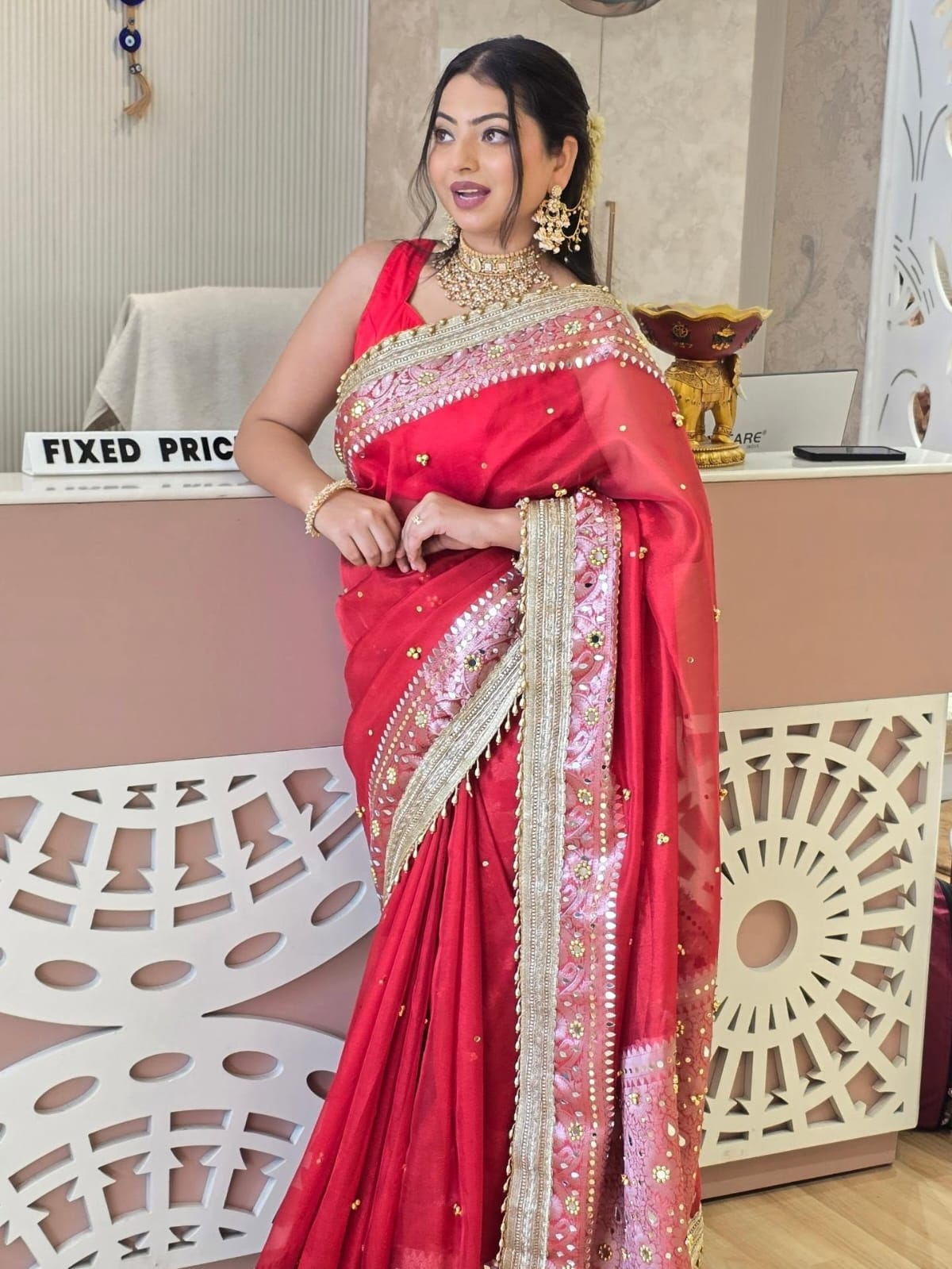 Premium Banarasi Tissue Silk Saree – Exquisite Mirror, Stone & Ghungroo Embellishments