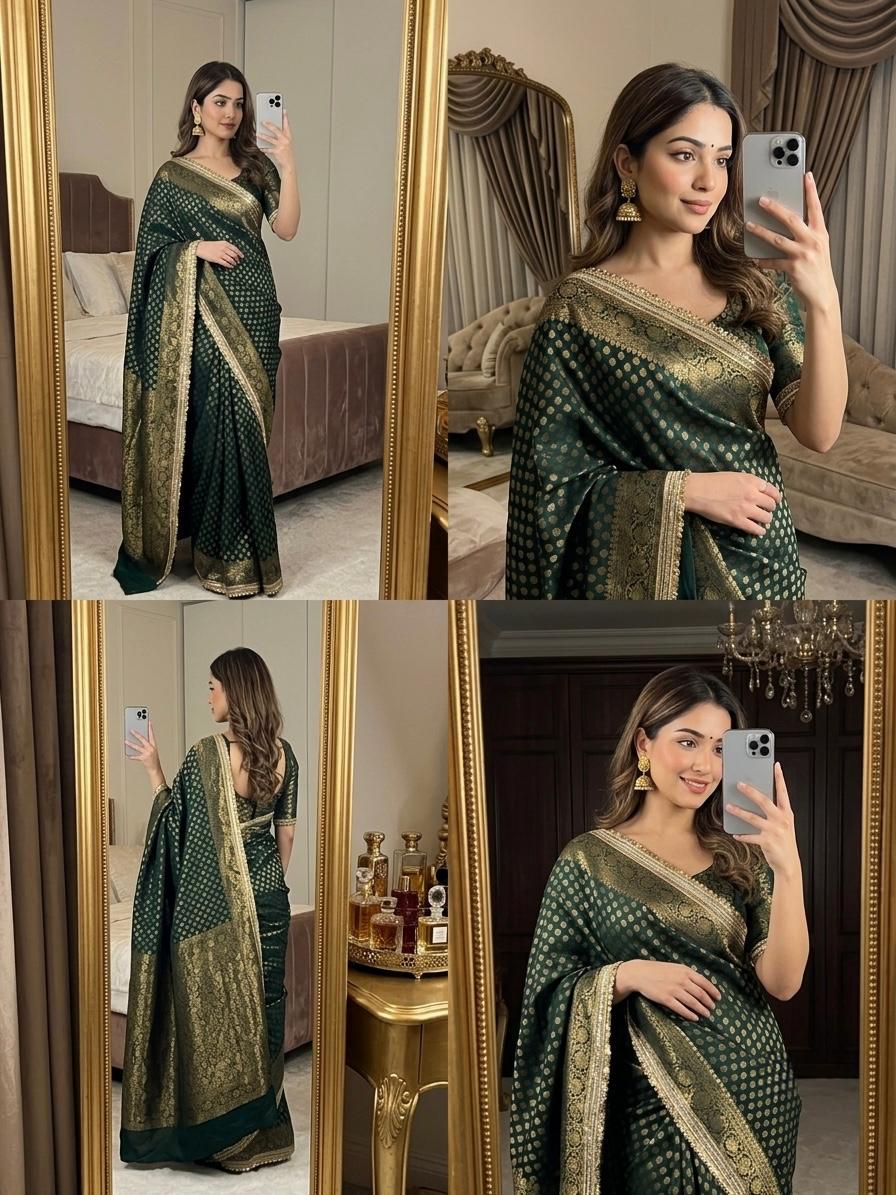 Regal Banarasi Soft Warm Silk Saree with Elegant Booti Work & Lace Detailing