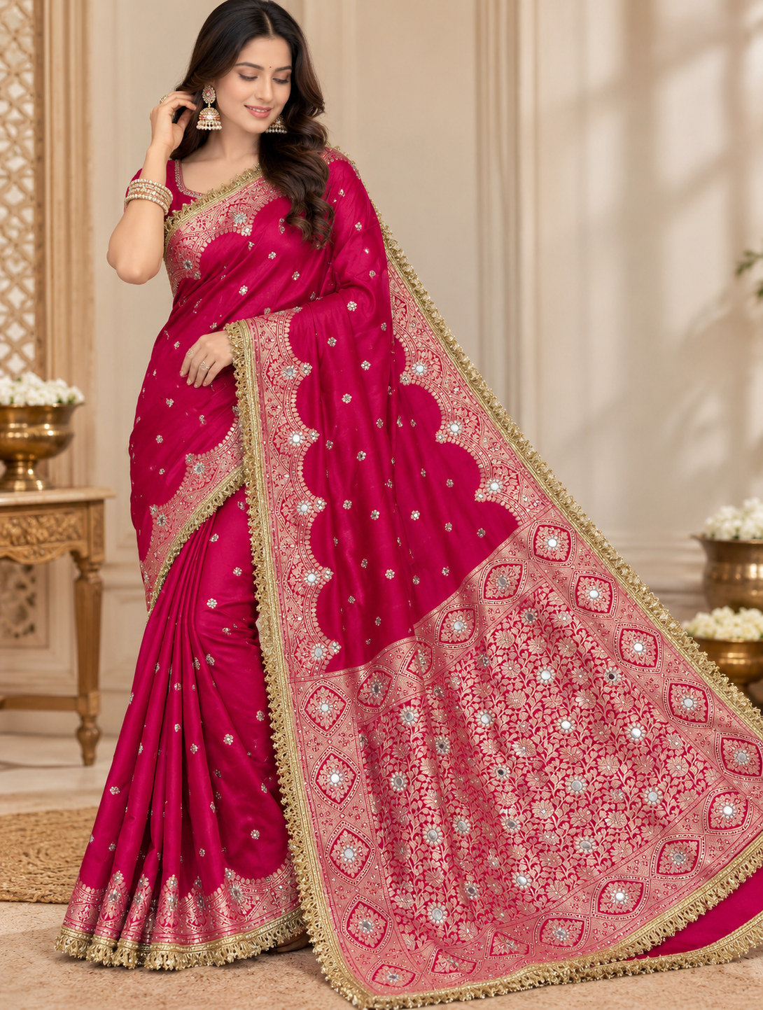 Elegant Soft Chiniya Katan Silk Saree with Mirror & Stone Work