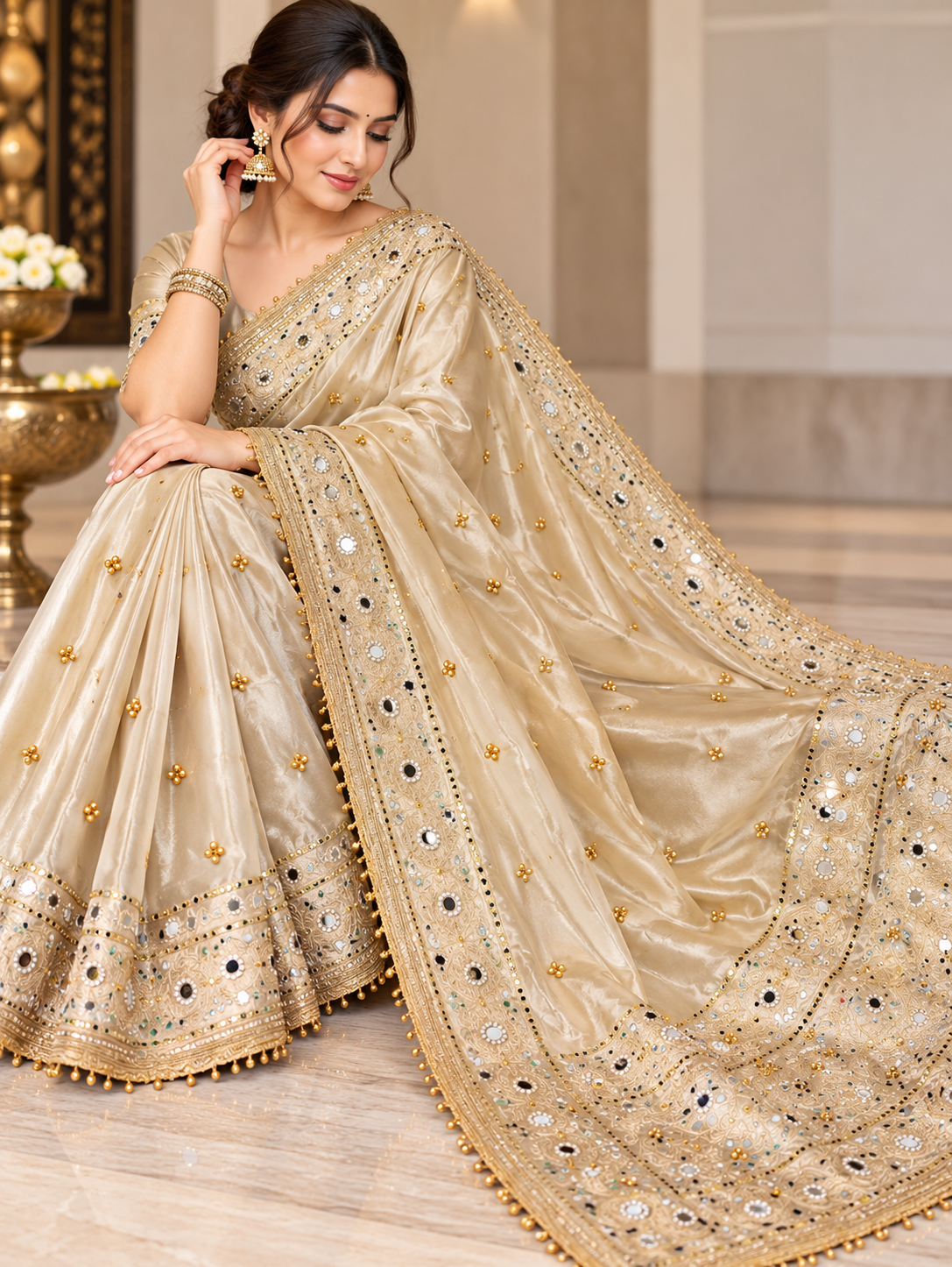 Premium Banarasi Tissue Silk Saree – Exquisite Mirror, Stone & Ghungroo Embellishments