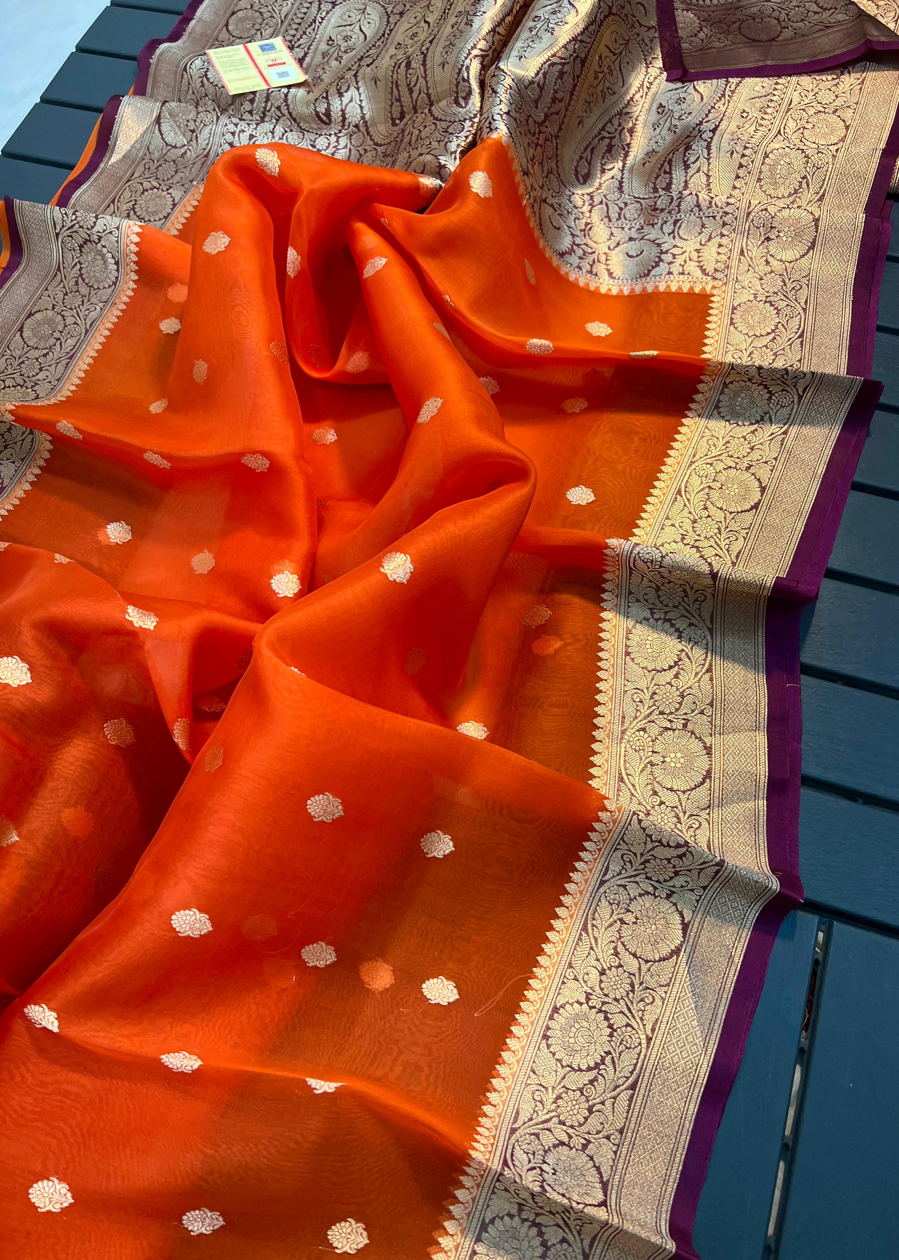 Beautiful Banaras Handloom Pure Kora Silk Kadhuwa Woven Saree