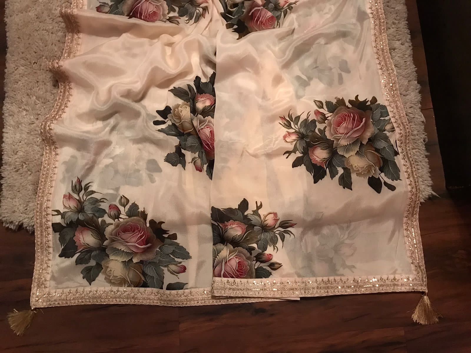 Sabyasachi Inspired Off White Pure Chinnon Silk Saree