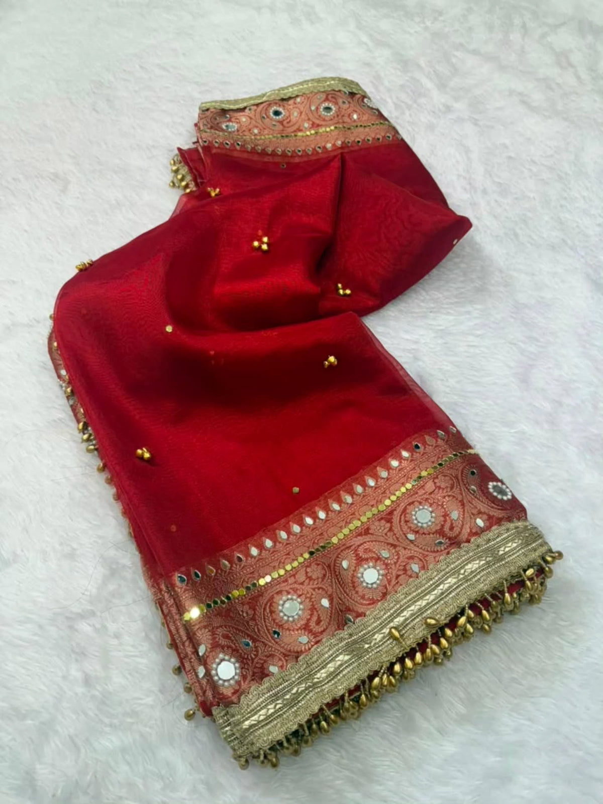 Premium Banarasi Tissue Silk Saree – Exquisite Mirror, Stone & Ghungroo Embellishments