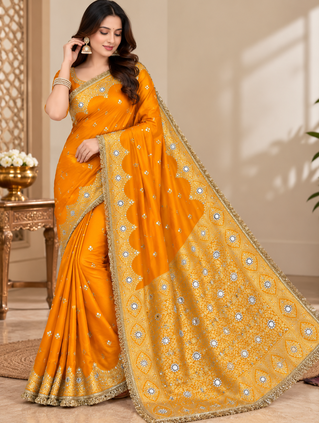 Elegant Soft Chiniya Katan Silk Saree with Mirror & Stone Work