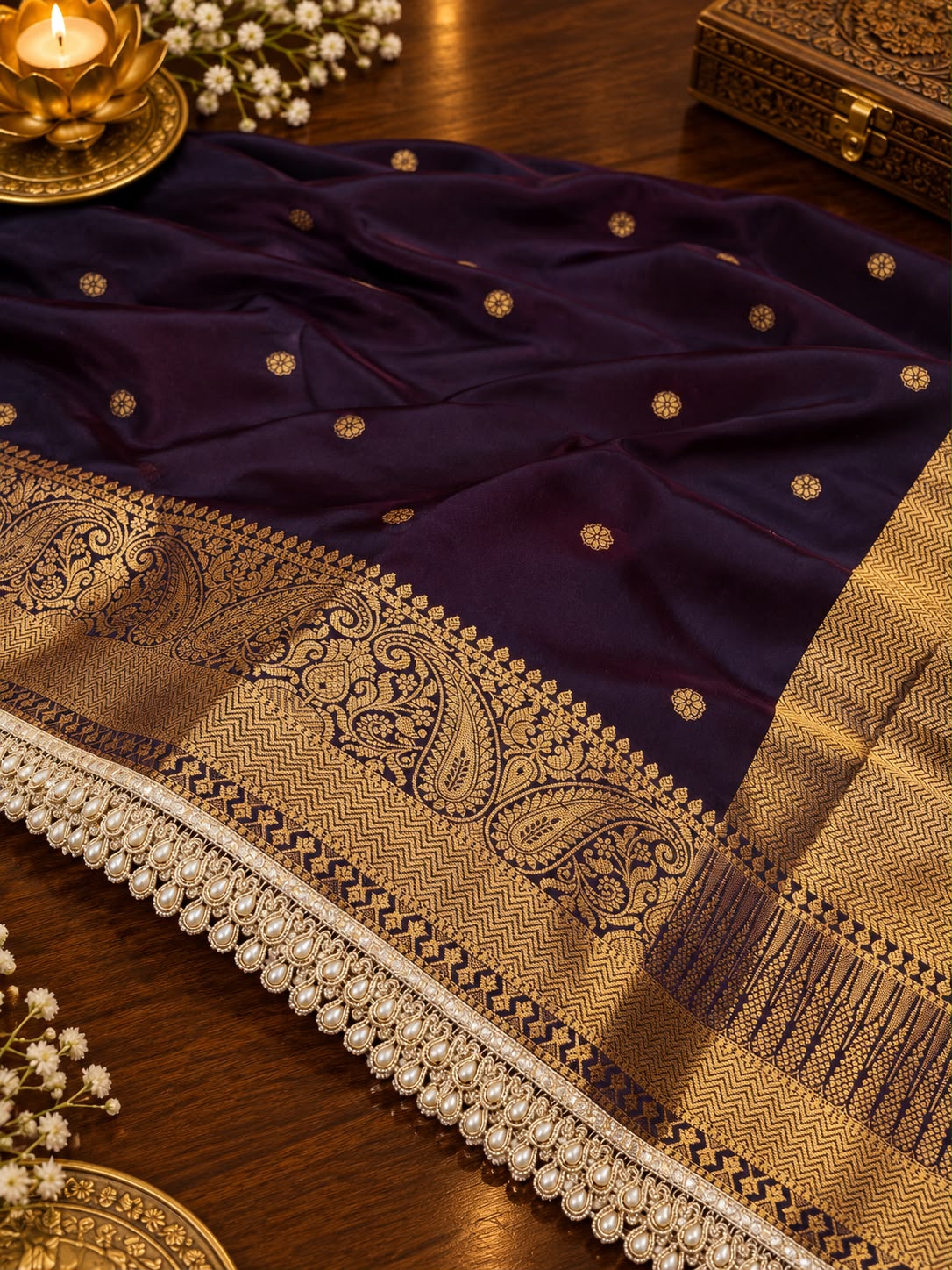 Elegant Banarasi Semi Katan Silk Saree with Pearl Lace