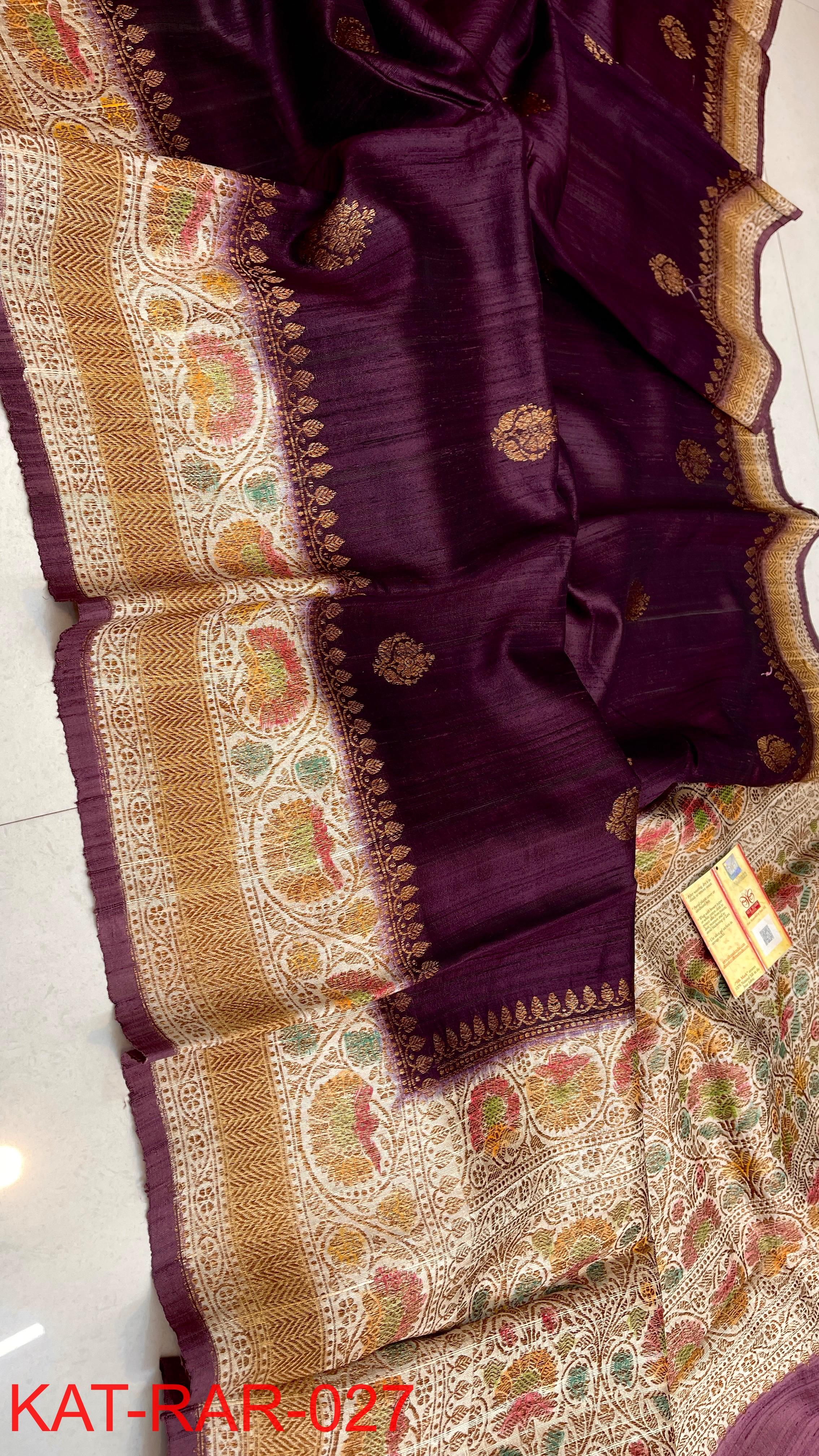 Pure Handloom Banarasi Raw Silk Saree with Handbrush Dye & Meenakari Kadhwa Weave