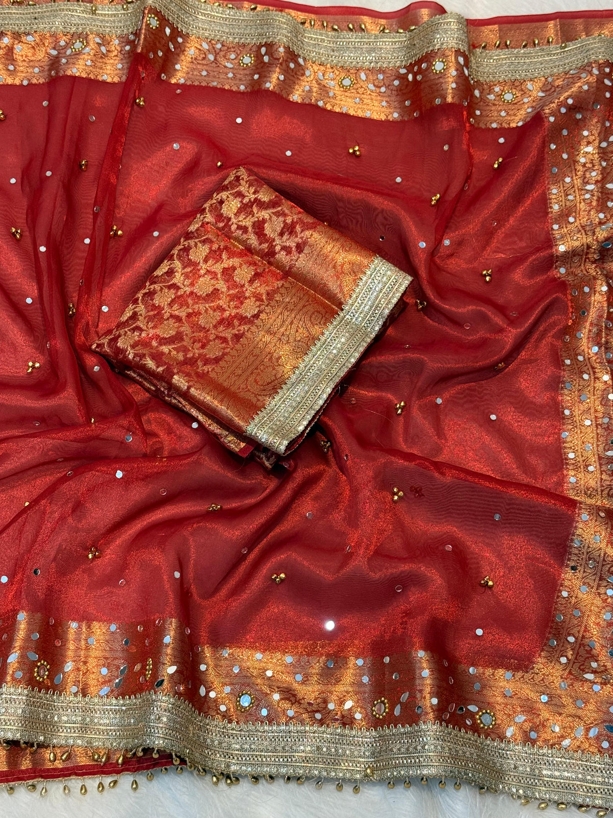 Premium Banarasi Tissue Silk Saree with Mirror, Stone & Ghungroo Work – Elegant Party Wear