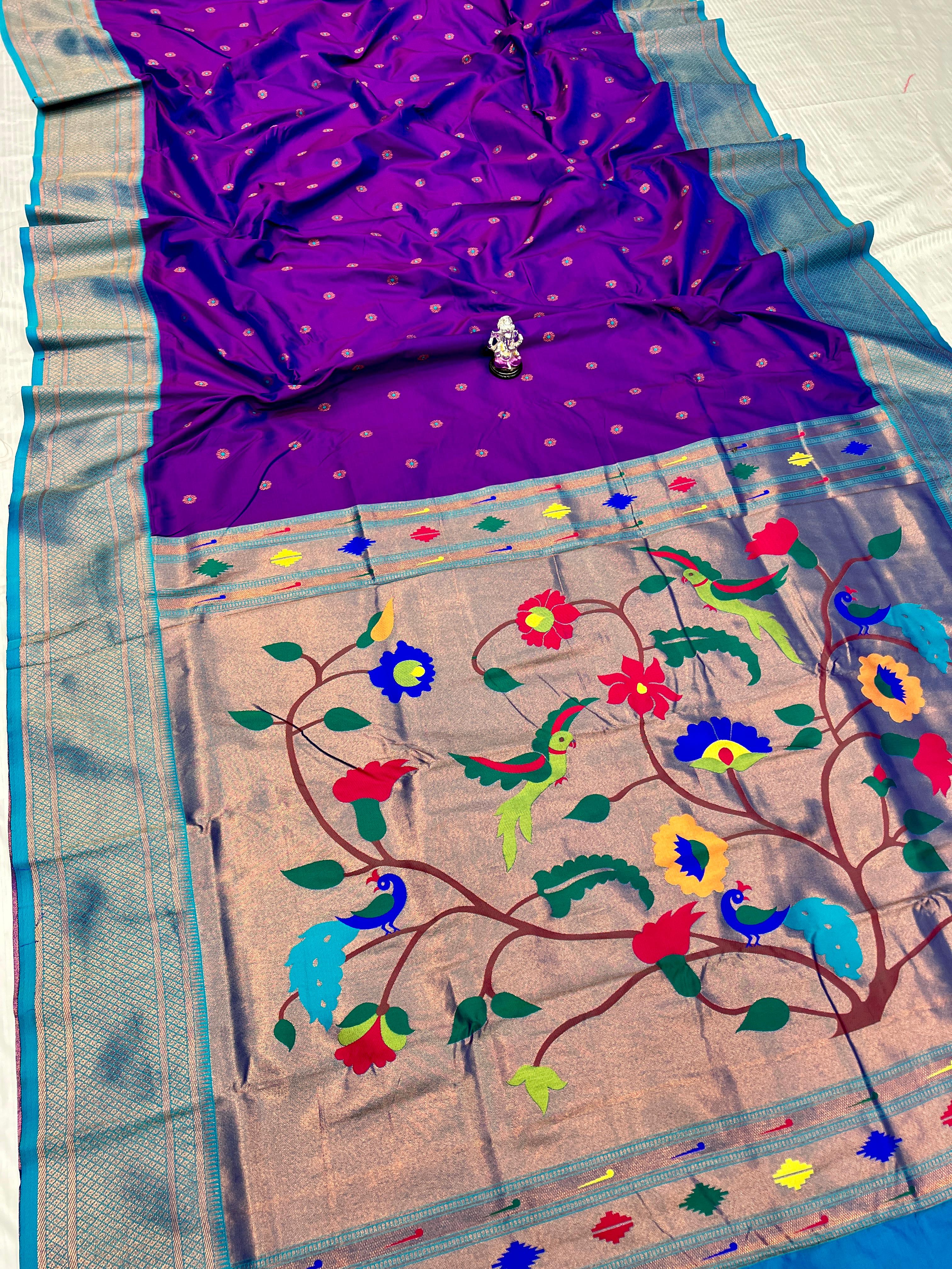 Kadiyal Paithani Premium Katan Silk Saree with Meena Butti & Contrast Zari Blouse